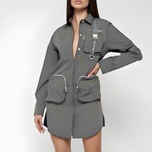 Maniere De Voir Shirt Dress Oversized Coat Jacket Cargo Pockets Gray Size 4